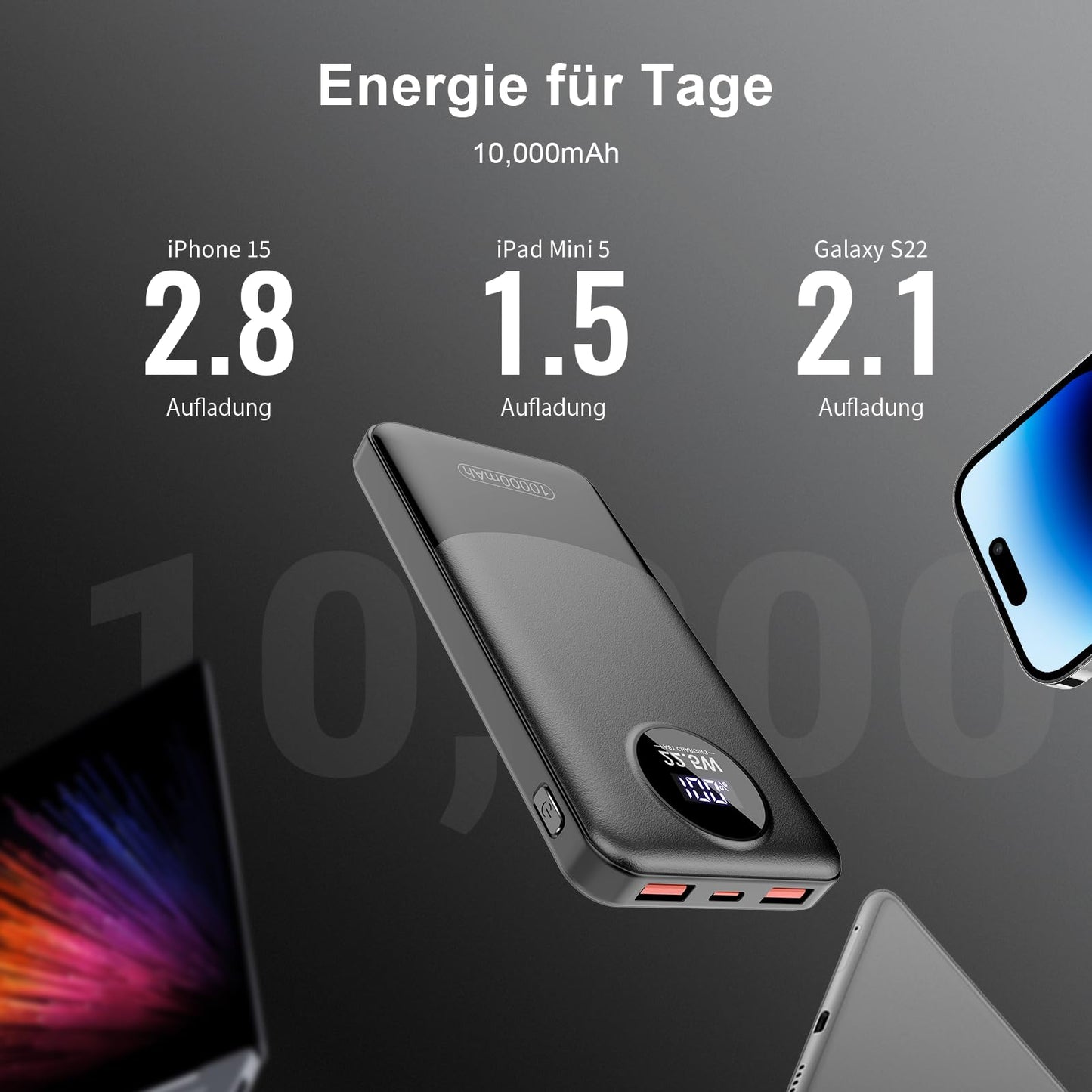 Power Bank 10000mAh, 22.5W PD QC 3.0 Schnelles Aufladen Powerbank USB C Ausgang&Eingang, Externer Akku stark mit 3 Anschlüsse und LED Anzeige, Tragbares Ladegerät für Harmony, iOS, Android (Schwarz)