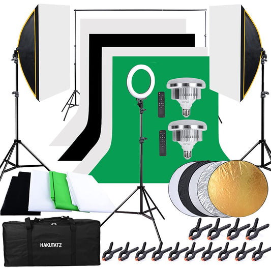 HAKUTATZ® Profi Fotostudio Set Softbox Ringlicht Greenscreen mit Ständer Studioleuchte Set Hintergrundsystem