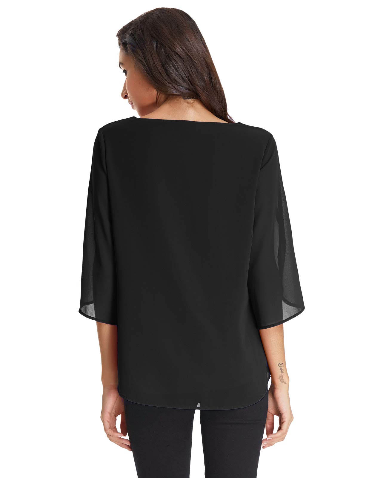 Damen Elegant Chiffon Bluse 3/4 Ärmel Oberteile Langarmshirt Rundhals Tops Casual Shirt 2XL Schwarz CLAF15-3