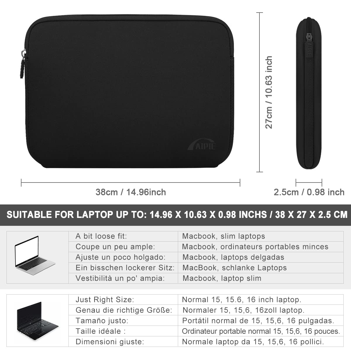 AIPIE Laptoptasche 15 15.6 Zoll Stoßfest 35.5x25x2 CM Laptop Notebook Tasche Aktentasche Herren Business Laptophülle Kompatibel Acer, Asus, Dell, Lenovo Sleeve Case Hülle Schutzhülle Schwarz 15,6 Zoll