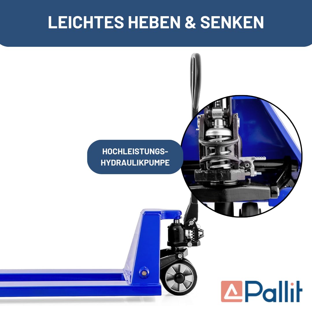 Pallit Hubwagen 2500 kg aus Stahl 1150 mm Gabellänge FIVE-R Gummirollen Gabelhubwagen Handhubwagen Palettenwagen Blau