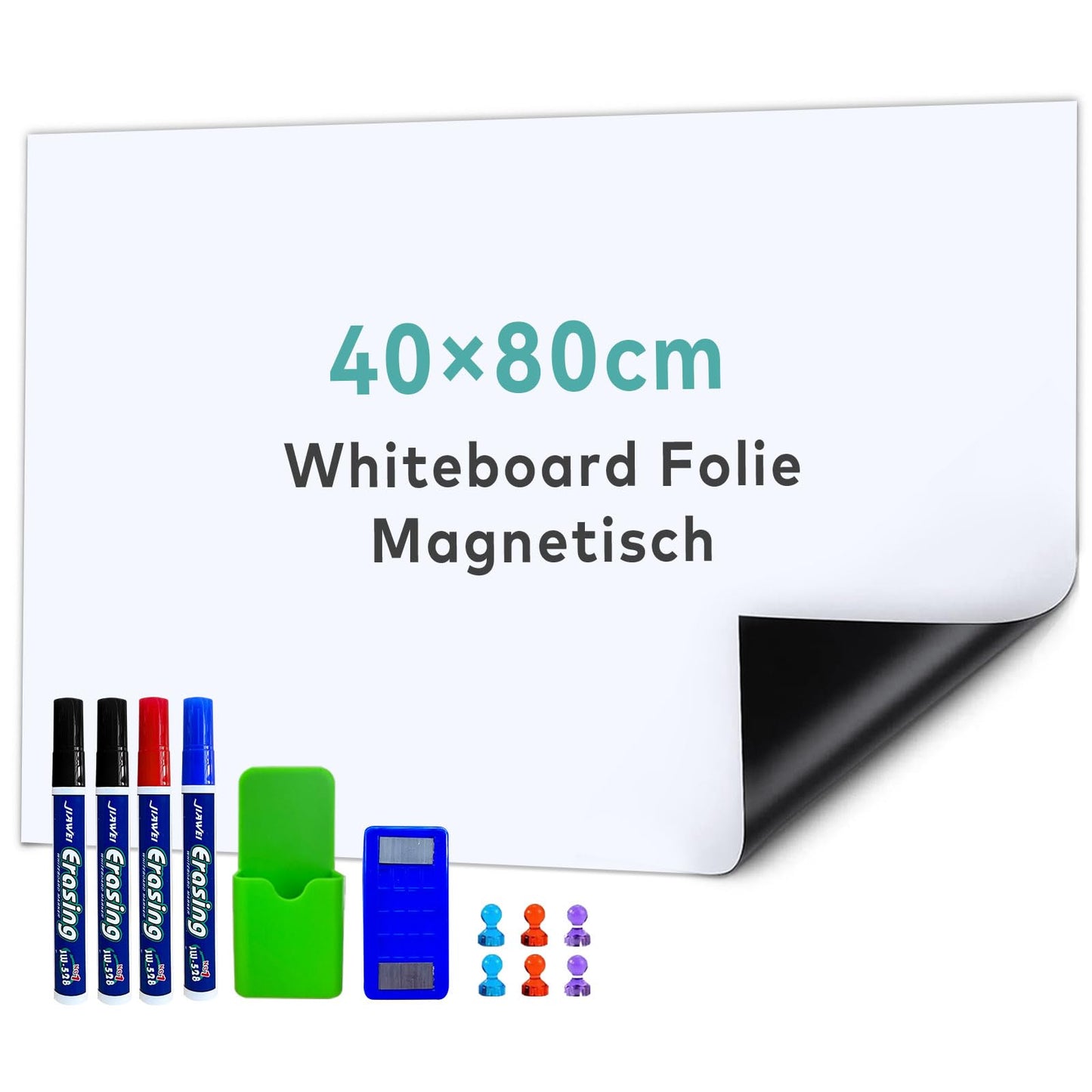 IFUNSOO Whiteboard Folie, Selbstklebend Magnettafel Folie, Magnetisch Selbstklebend Weißwandtafel inklusive 4 Whiteboard-Marker und Schwammradierer,Magnetfolie Weiß Abwischbare (Zentimeter, 40 x 80)