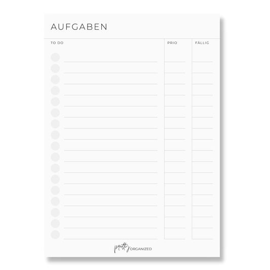 To Do Listen Block mit Prioritäten und Fälligkeitsdatum für alle Aufgaben - passend für A5 Notizbuch, minimalistisch & modern, nachhaltig in Deutschland hergestellt von prettyORGANIZED