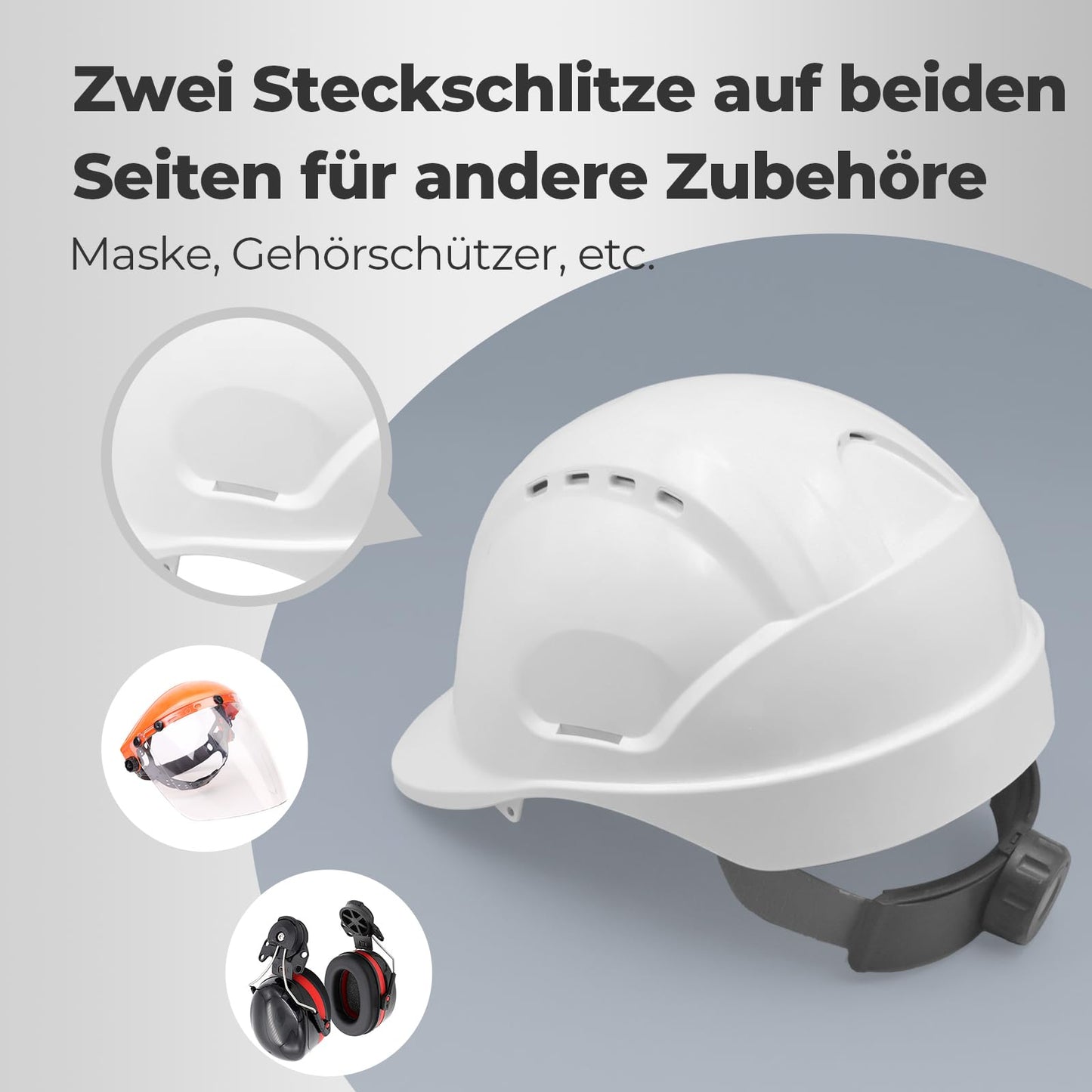 Bauhelm EN397, Mustbau Sicherheitshelm, Arbeitshelm Schutzhelm mit DIY Steckplätze für 53-65 cm Kopfumfang verstellbar, Sicherheitshelm mit Schweißband für BAU und Industrie (Weiß, 1 Pcs)