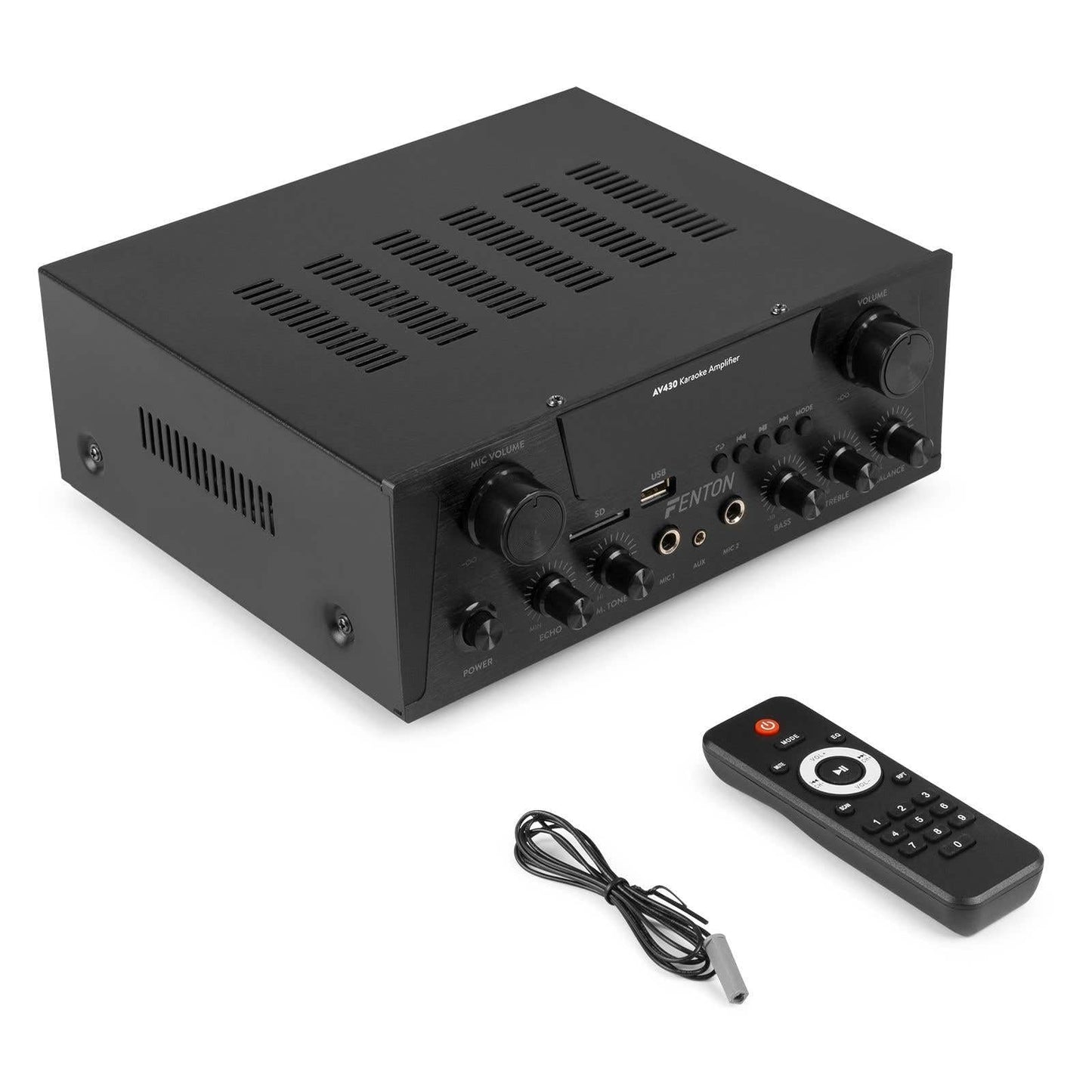 Fenton AV430B Karaoke Verstärker mit Echo, kompakter 600 Watt Bluetooth Verstärker, 2X MIC-In, 2X Cinch-In, MP3-Player, USB, SD, Stereo-HiFi-Verstärker, Amplifier inkl. Fernbedienung - Schwarz