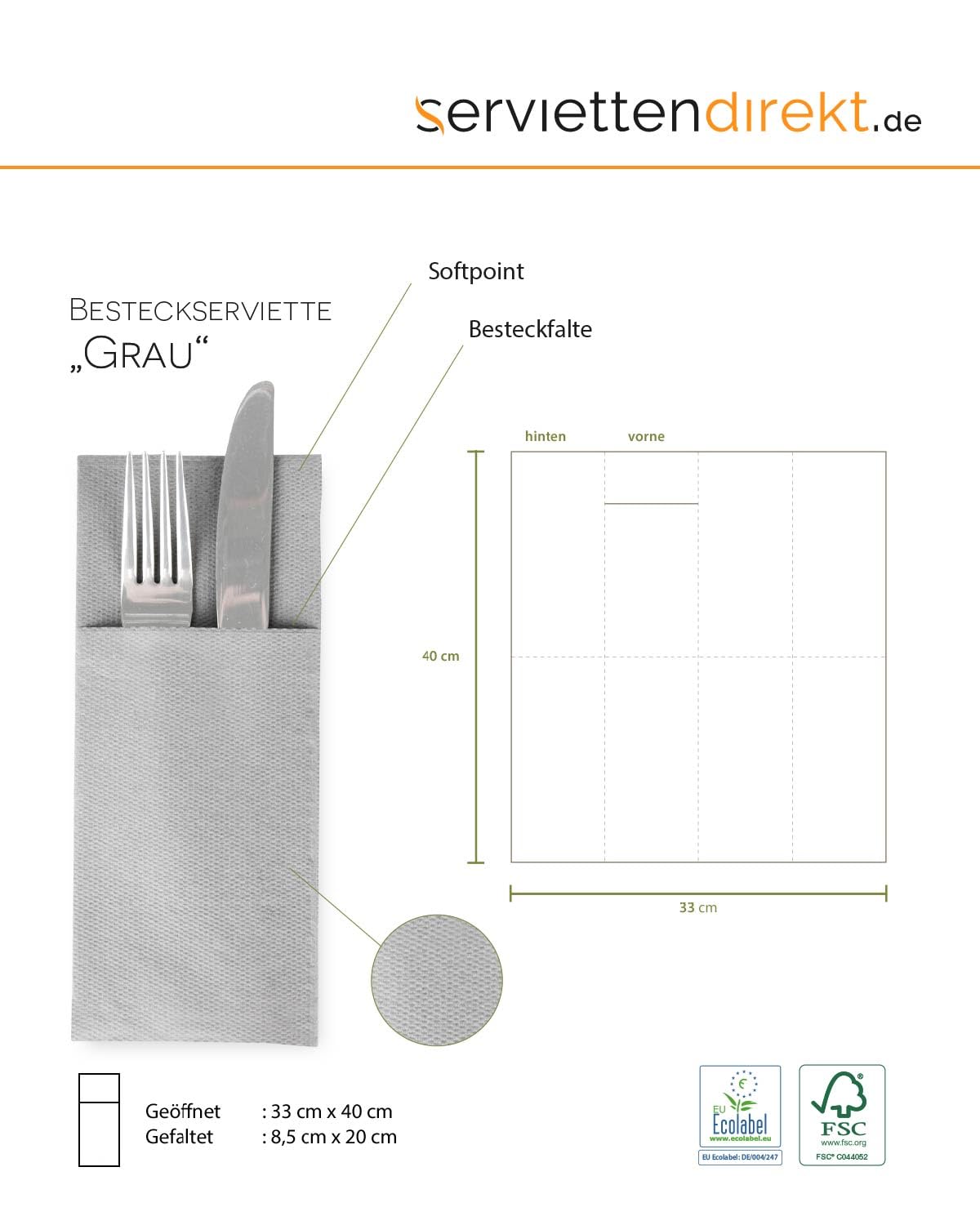 Mank Besteckservietten aus Softpoint, Pub Servietten Tasche Besteck Bestecktaschen, 40x33 cm 1/8 Falz, mit Besteckschlitz für Gastronomie und Feiern, 50 Stück | (Grau)