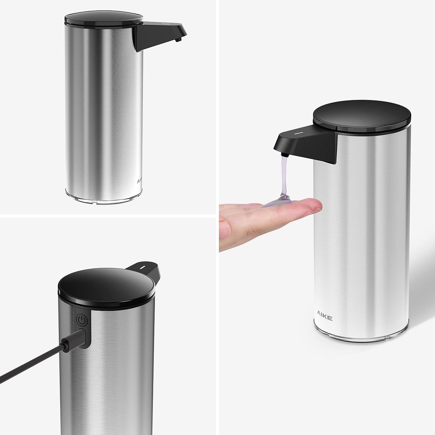 AIKE Seifenspender Automatisch Edelstahl mit Sensor Infrarot, 280ml Berührungsloser Automatischer Seifenspender USB-Aufladung