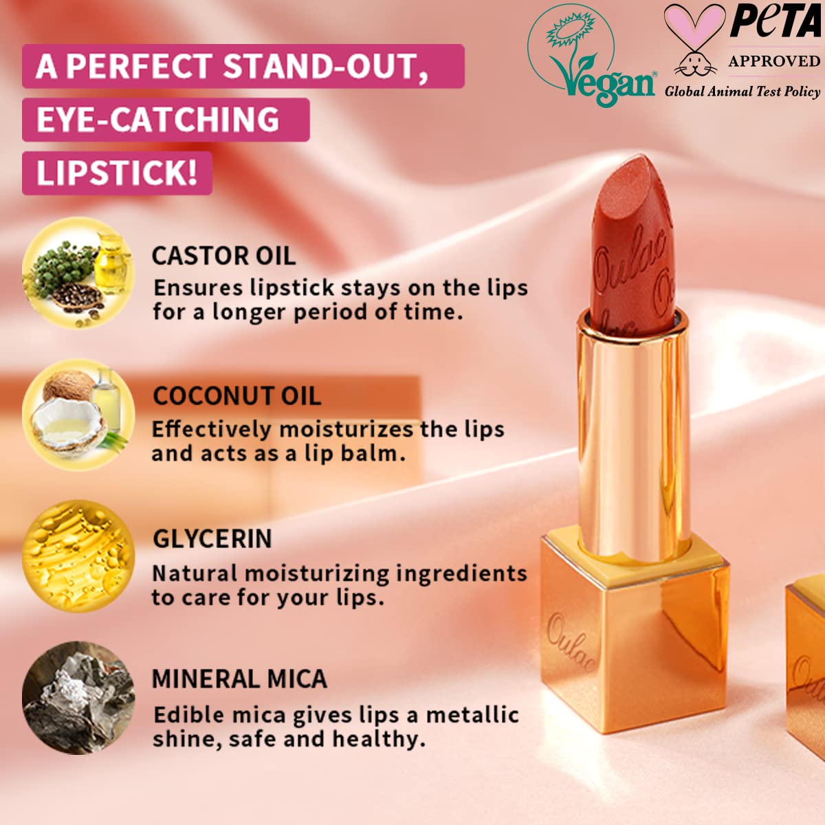 OULAC Lippenstift Metallic Glanz Finish, Rot Farbtöne, Hochpigmentierter, Kein Körniges Gefühl, Langlebig, Feuchtigkeitsspendende Formel, Vegan, 4.3g, (03) Love Particle