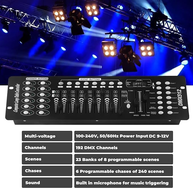 DMX Controller, 192 DMX 512 Bühnen DJ Licht Controller, Beleuchtungs mixer Board Konsole mit DMX Kabel, DMX Konsolen Kit für Lichtshows, Party, Disco, Pub, Nachtclub, DJ-Bars und Moving Heads