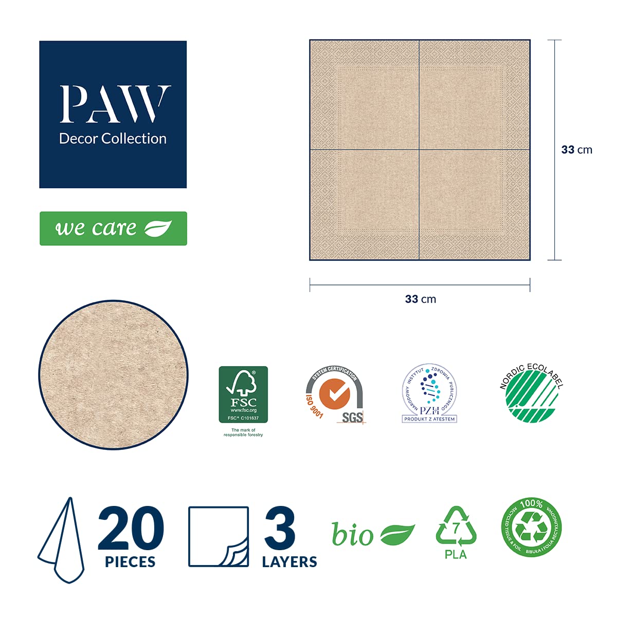 PAW - Servietten 3-lagig (33 x 33 cm) I 20 Stück I Perfekt für Geburtstage, Partys, Kommunion und Feiern I Papierservietten mit Natur Motiv I Umweltschutz, Getrocknete Blumen I Dried Floral Bouquet