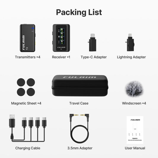 FULAIM X6 Kabelloses Lavalier-Mikrofon, 4 Sender 1 Empfänger, Ansteckmikrofon für Interviews, Präsentationen, Videoaufnahmen, Kompatibel mit Kameras & Smartphones