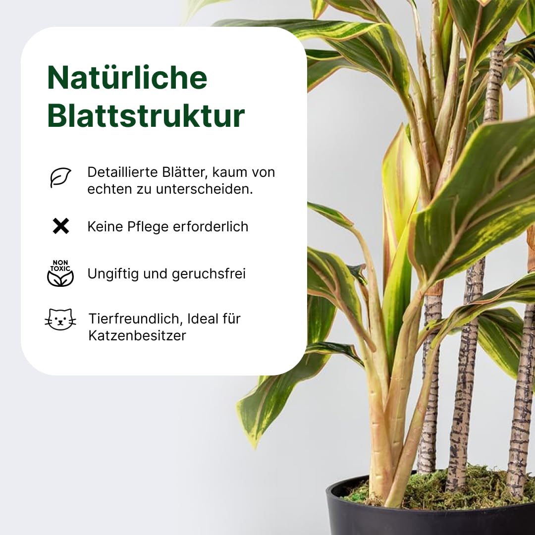 HTT Decorations - Kunstpflanze/künstliche Keulenlilie/Cordyline - Zimmerpflanzen - Grünpflanze - Groß - Höhe 100 cm