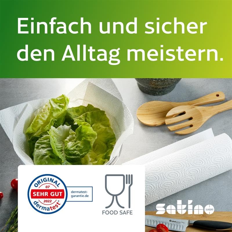 Küchenrolle 3-lagig – 32 Rollen – 64 Blatt pro Rolle - Ø: 10,5 cm/Höhe: 26 cm - saugstark, reißfest & besonders weich dank Zellstoff – Made in Germany - Küchentücher Vorrat – Reserve - Satino