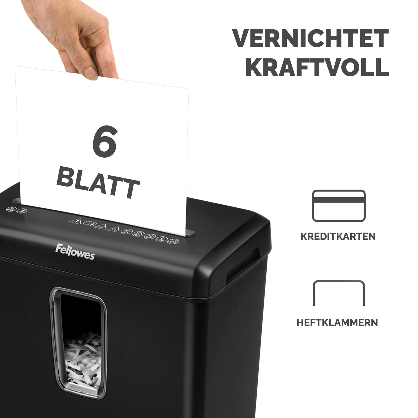 Fellowes Aktenvernichter 6 Blatt Partikelschnitt (P4), TÜV SÜD + GS zertifizierter Papierschredder Zuhause & Homeoffice, Powershred FS-6C, Schredder 15L Papierkorb, Kreditkarten Heftklammern schwarz