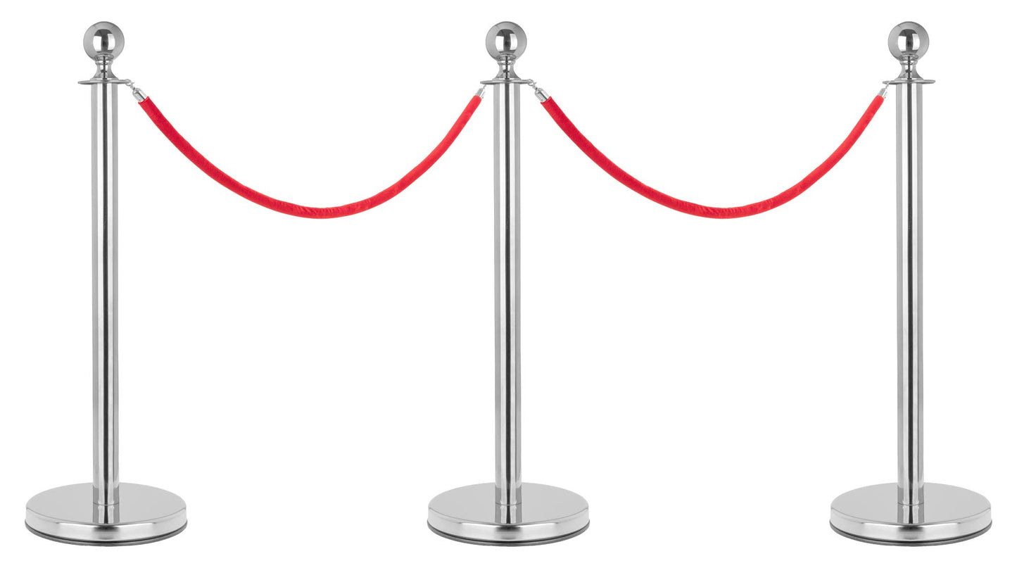 Stagecaptain PLS-150 Deluxe 3.2-150S Absperrständer Personenleitsystem - 3 Edelstahl-Stative und 2 rote Seile mit 1,5m Länge - Für Konzerte, Ausstellungen, Hotels, Kinos u.v.m. - silber