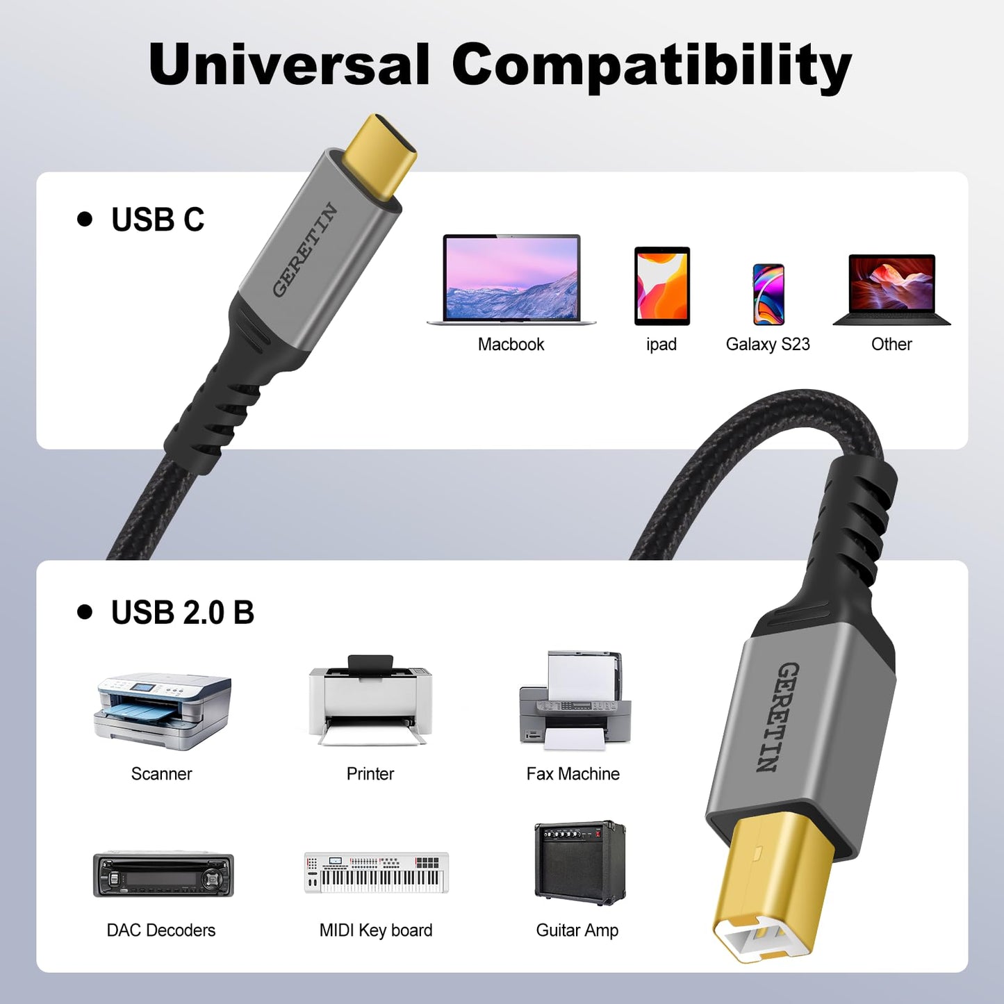 GERETIN USB C Druckerkabel 2M USB B auf USB C Kabel Scannerkabel USB B 2.0 zu Typ C Nylon Drucker Kabel Kompatibel mit MacBook Pro/Air, iMac, Matebook, Dell XPS, HP, Epson, Canon, Brother, Lexmark usw