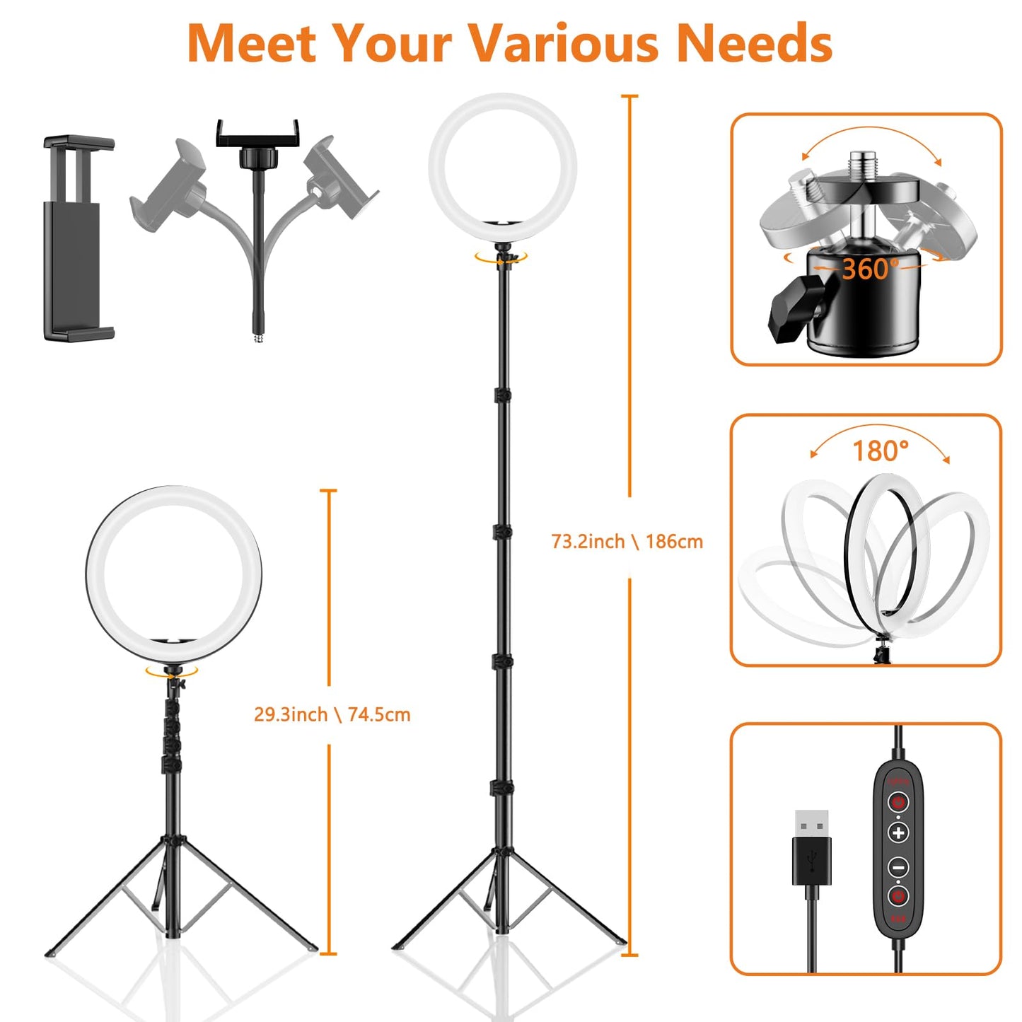 PEYOU 12"/186 cm Selfie Ringlicht mit Stativ Handy,【3-in-1】 Ring Light mit（Tischstativ） 48 RGB-Modi,Dimmbare Handy Stativ mit Ringlicht,stativ für Smartphone für Tiktok YouTube Makeup Fotografie