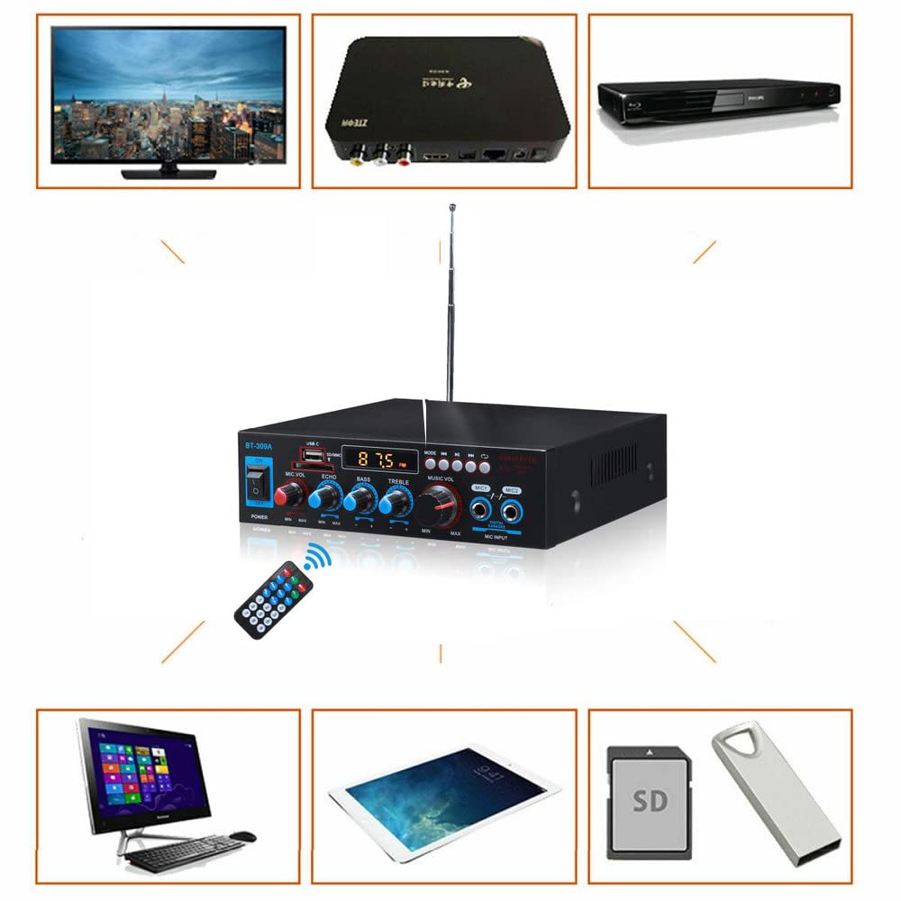 Etlephe Mini Verstärker, 800W Hi-Fi-Verstärker, Stereo-Verstärker Bluetooth 5.0, 12 V 220 V, UKW-Radio, tragbare SD-Karte/USB-Eingang/UKW-Radio für Zuhause oder Auto
