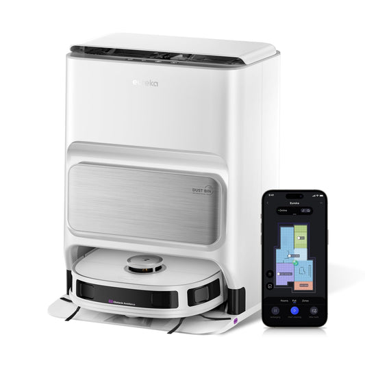 EUREKA J12 Ultra DE Saug- & Wischroboter + All-in-One Station (KI-3D-Hinderniserkennung, intelligente Haustierumgehung, Auto Teppicherkennung, ideal gegen Tierhaare, App- & Sprachsteuerung) weiß
