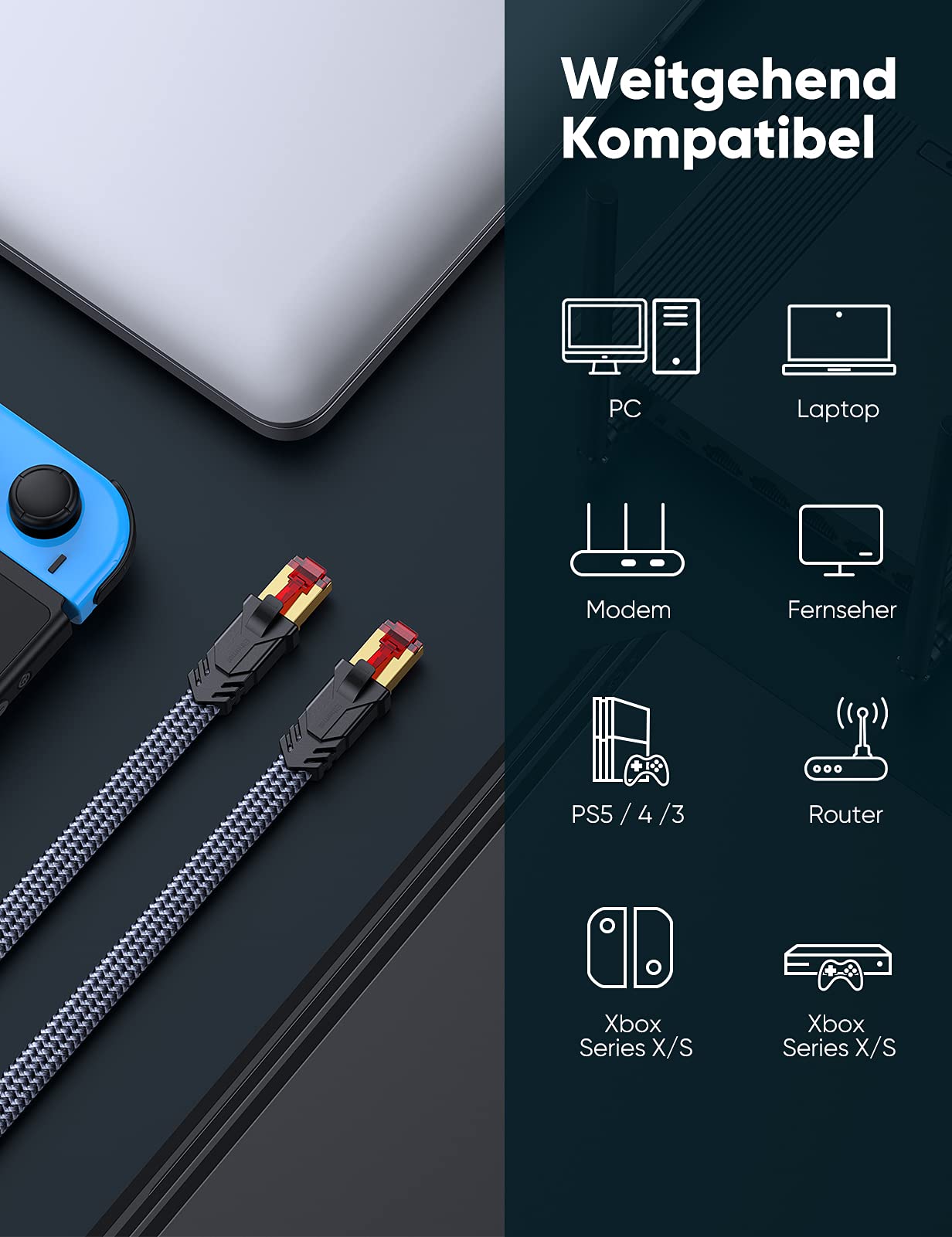 SNOWKIDS Cat 8 LAN Kabel 5m, 40Gbps Netzwerkkabel Ethernet Kabel 2000MHz S/FTP RJ45 Gigabit Nylon Patchkabel für PS5 Router Modem TV Switch Laptop