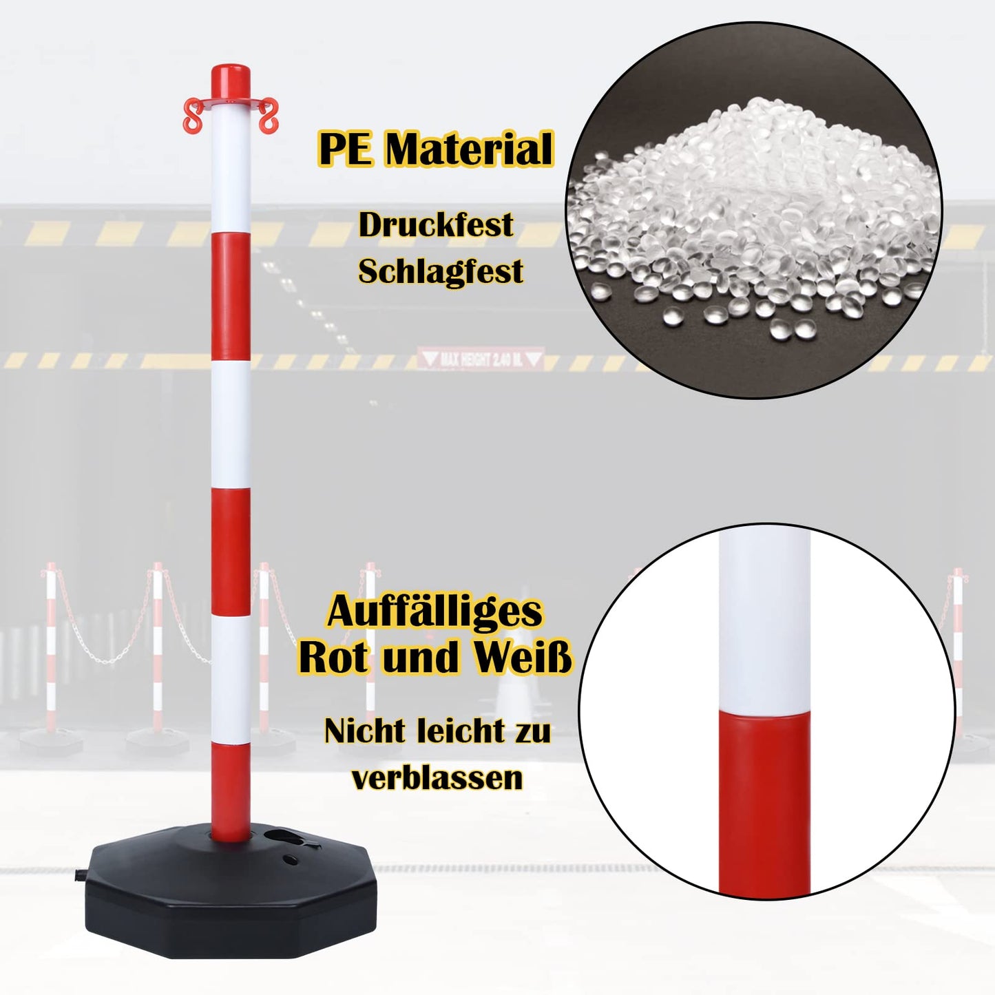 UISEBRT 4 Stück Absperrpfosten Kettenpfosten aus Kunststoff mit 4 Absperrketten von 140cm, Sperrpfosten mit Standfuß 82 x 28 x 28cm, für Verkehrskontrolle Warnung, Rot und Weiß