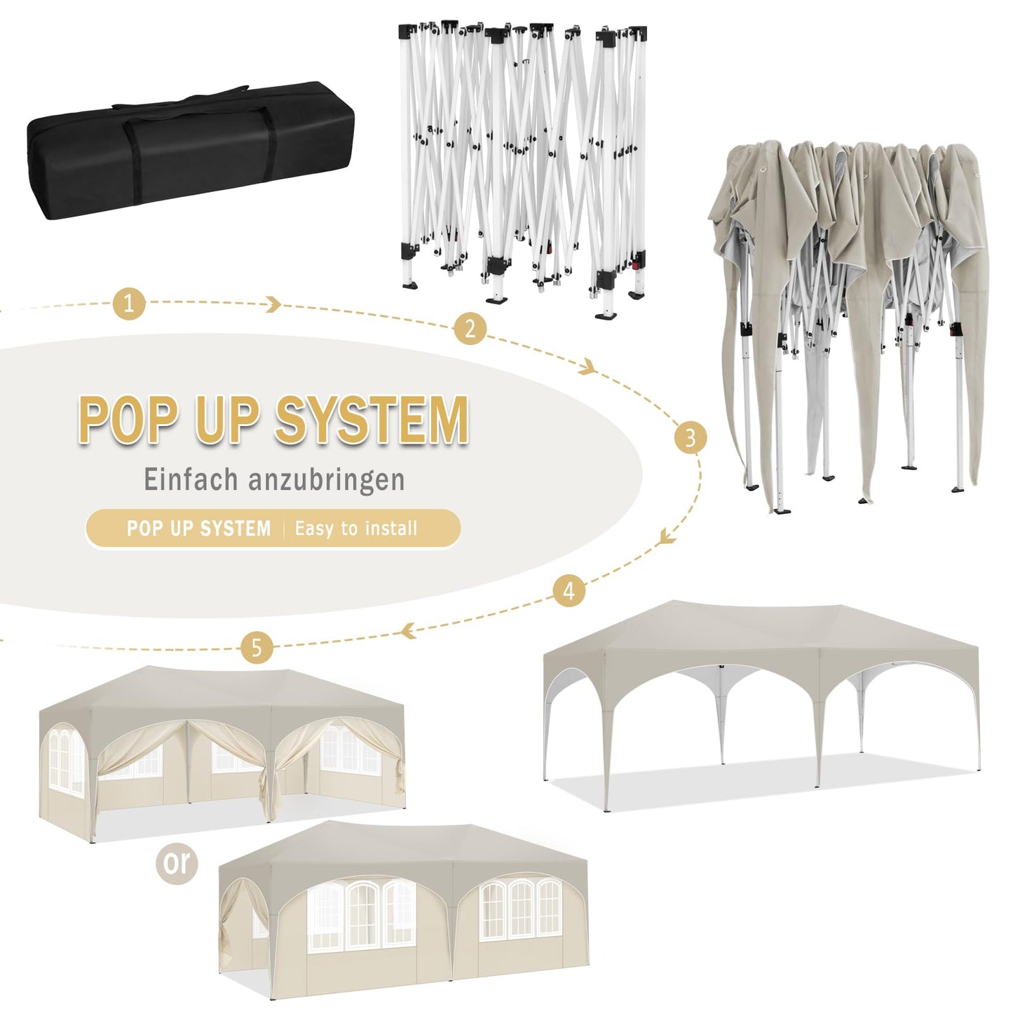 WOLTU Pavillon, Faltpavillon 3x6 m, mit 6 Seitenwänden, Partyzelt wasserabweisend UV-Schutz 50+, höhenverstellbarer Gartenpavillon, mit Tragetasche, für Outdoor Garten Camping Beige
