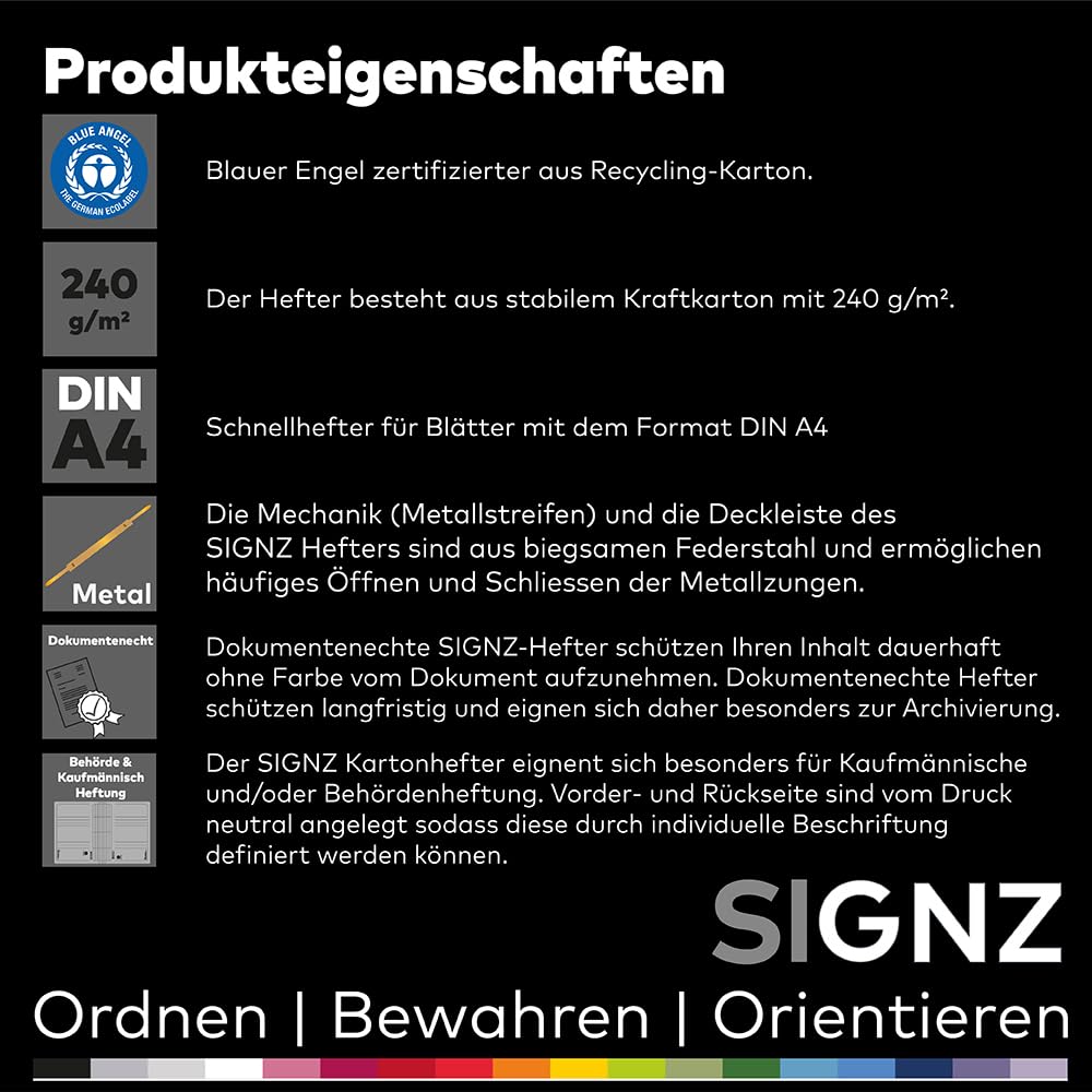 SIGNZ Schnellhefter DIN A4 aus Karton, 15 Stück, gefaltet, farblich sortiert, CO2-neutral hergestellt, made in Germany