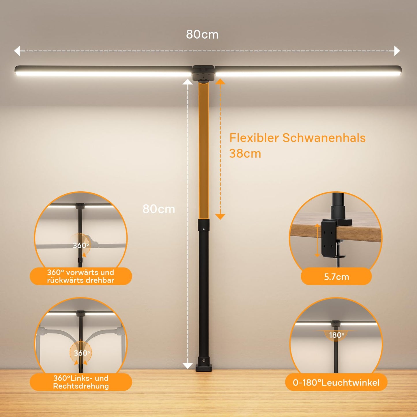 APMIEK Doppelkopf Schreibtischlampe LED Dimmbar, 24W 100 Beleuchtungsmodi, Klemmbar Tageslichtlampe Schreibtisch Lampe, Schwanenhals Büro Tischlampe Augenschutz Arbeitsplatzleuchte, schwarz