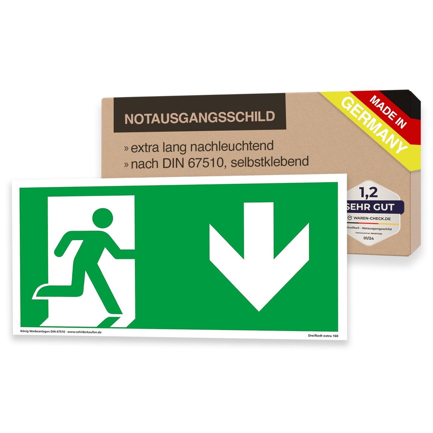 Schild Notausgang | extra langnachleuchtend | PVC selbstklebend 297x148mm | gemäß ASR A1.3 DIN 7010 DIN 67510 | Notausgangsschild Pfeil nach unten | Fluchtwegschild Rettungsweg | Dreifke® extra 160