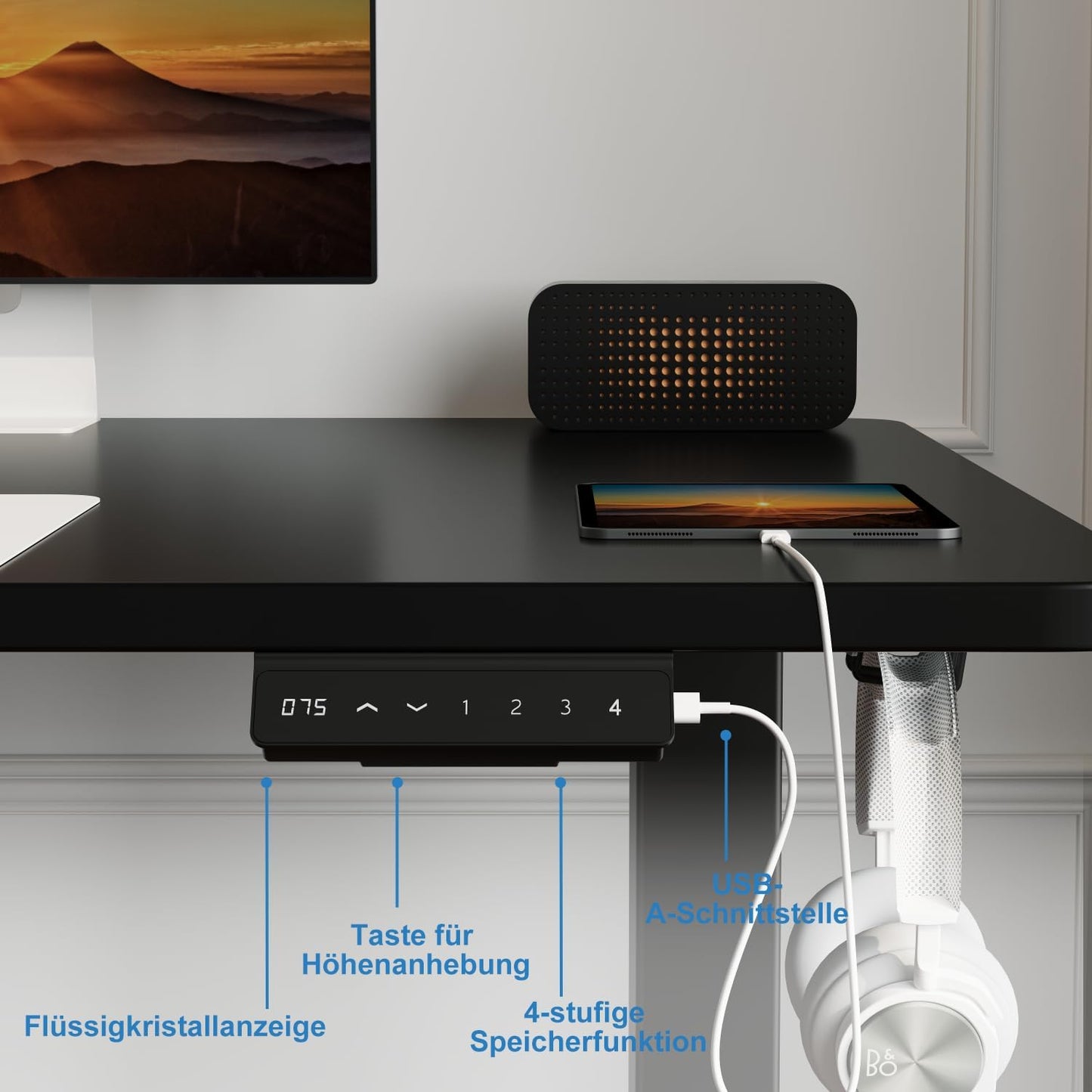 Devoko Höhenverstellbarer Schreibtisch mit 2 Motoren，25mm Einteilige Tischplatte, 160x80 cm Mobiler Elektrisch Computertisch mit Kabel Management, Schwarz - Perfekte Ergonomie für Dein Büro