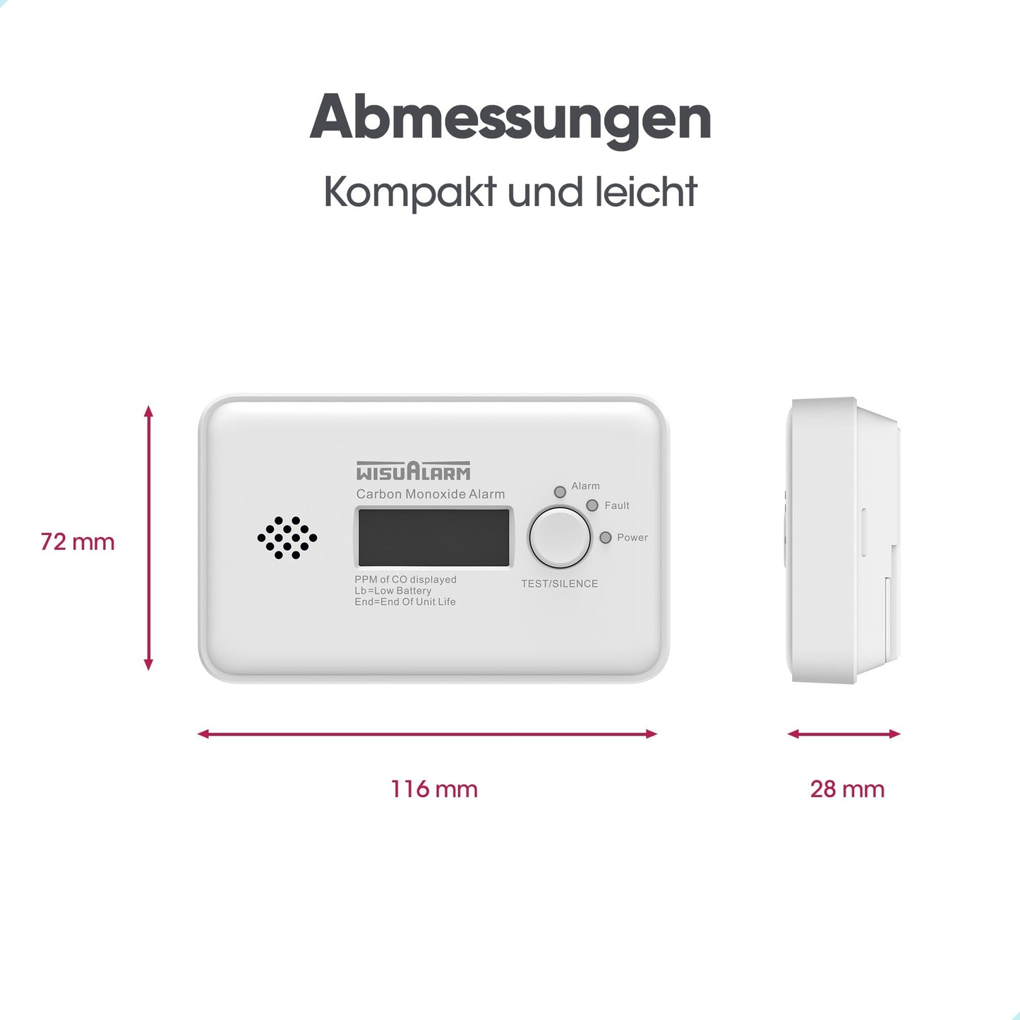 Kohlenmonoxid Melder, CO Melder, 10 Jahre Batterie kohlenmonoxid messgerät, CO Warner mit LCD Display und Test/Silence Taste, TÜV Zertifiziert nach EN 50291