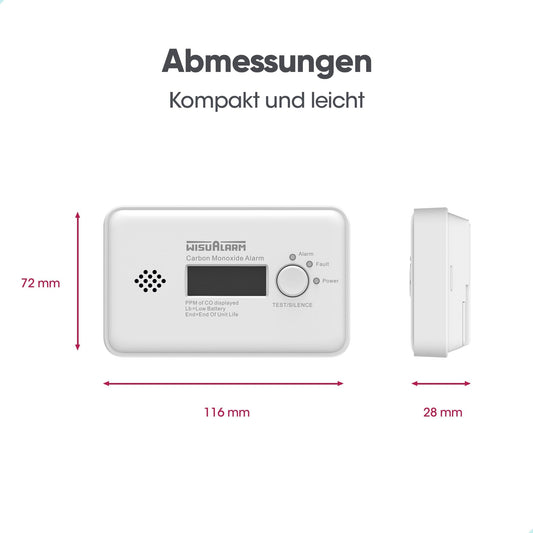 Kohlenmonoxid Melder, CO Melder, 10 Jahre Batterie kohlenmonoxid messgerät, CO Warner mit LCD Display und Test/Silence Taste, TÜV Zertifiziert nach EN 50291