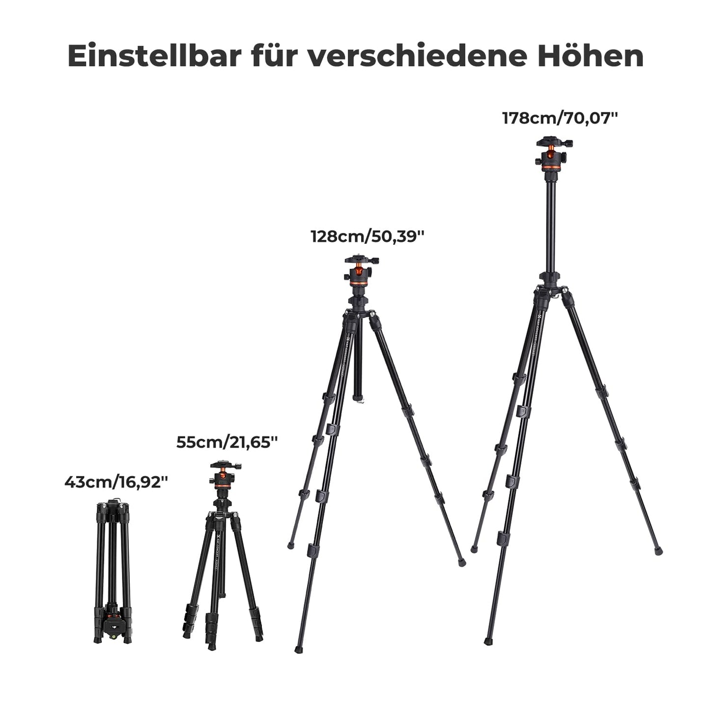 Kamera Stativ, K&F Concept Handy Stativ,178cm Stativ mit Handyhalterung, Tripod für unterwegs, Stativ für Smartphone, Aluminium Reisestativ K234A3+BH-36