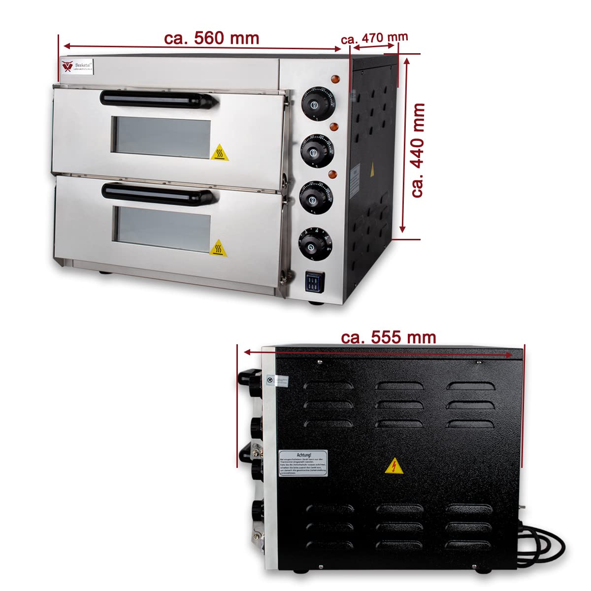 Beeketal BPO33-2 Profi Doppelkammer-Pizzaofen, 2x 400x400 mm Schamottstein, Gastro Steinbackofen mit Schaufel, 3000W, bis 350°C für Pizza und Brot