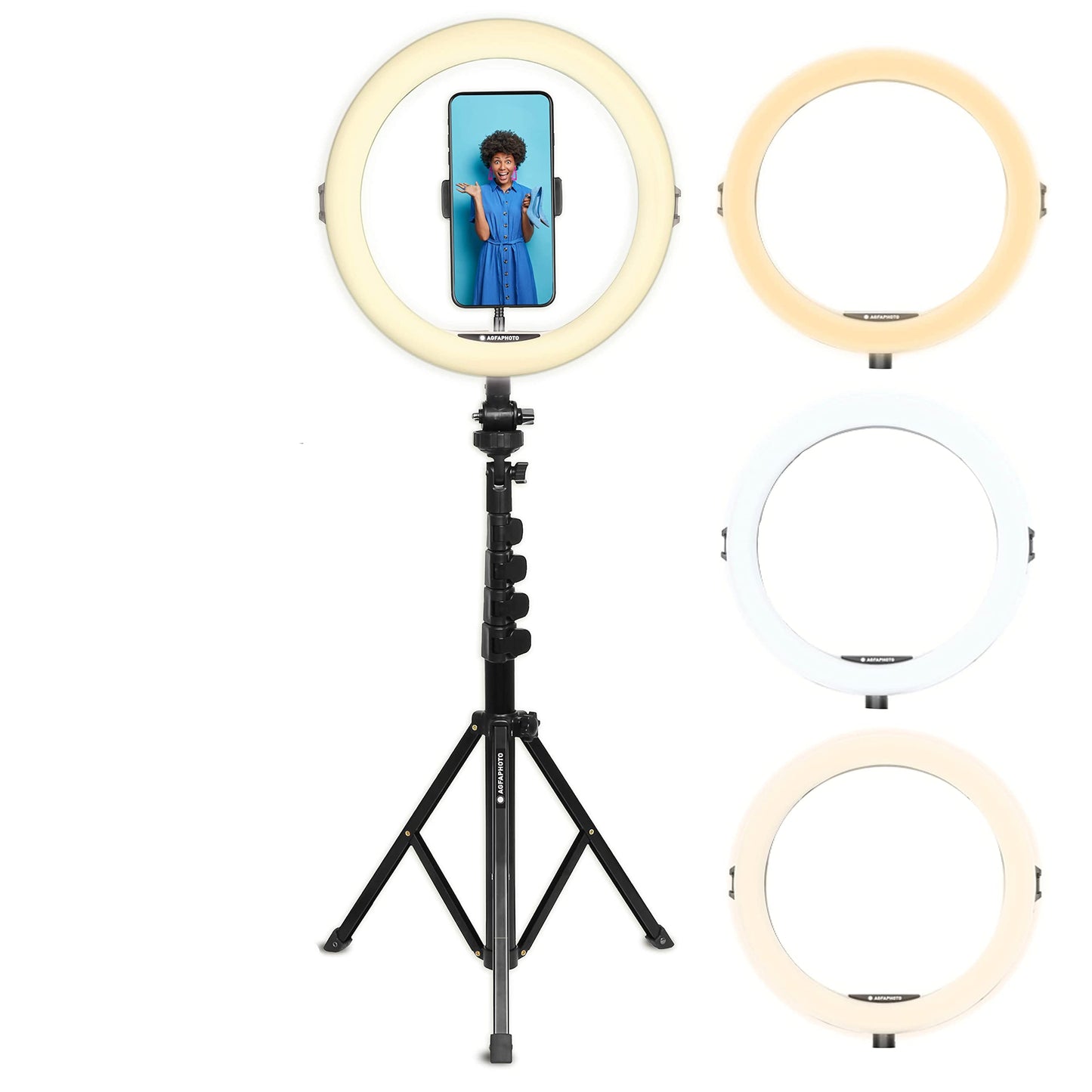 AgfaPhoto Ringlicht Realiview ARL11XL - 11'' LED-Beleuchtung mit verstellbarem Stativ (45cm bis 155cm) - Das Ringlicht für Videos, Fotos, kompatibel mit Smartphones und Kompaktkameras