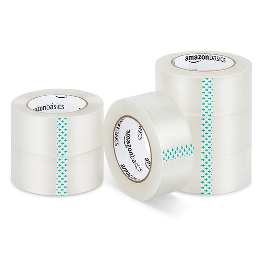 Amazon Basics Transport- und Packband, 4,77 cm Breite x 99,6 m, Transparent, 6 Stück, Durchsichtig,Weiß