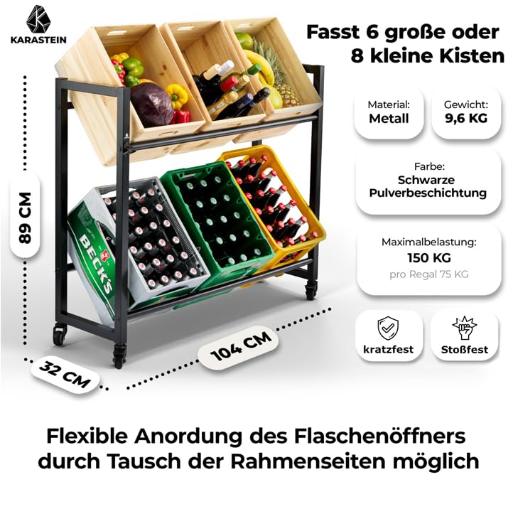 KARASTEIN® Getränkekistenregal 4/6 Kisten Flaschenregal [mit Rollen und Flaschenöffner] Transportieren & Lagern Getränkeregal Kistenregal Regal Getränkekisten Bierkisten Regal Farbe Elegantes Schwarz