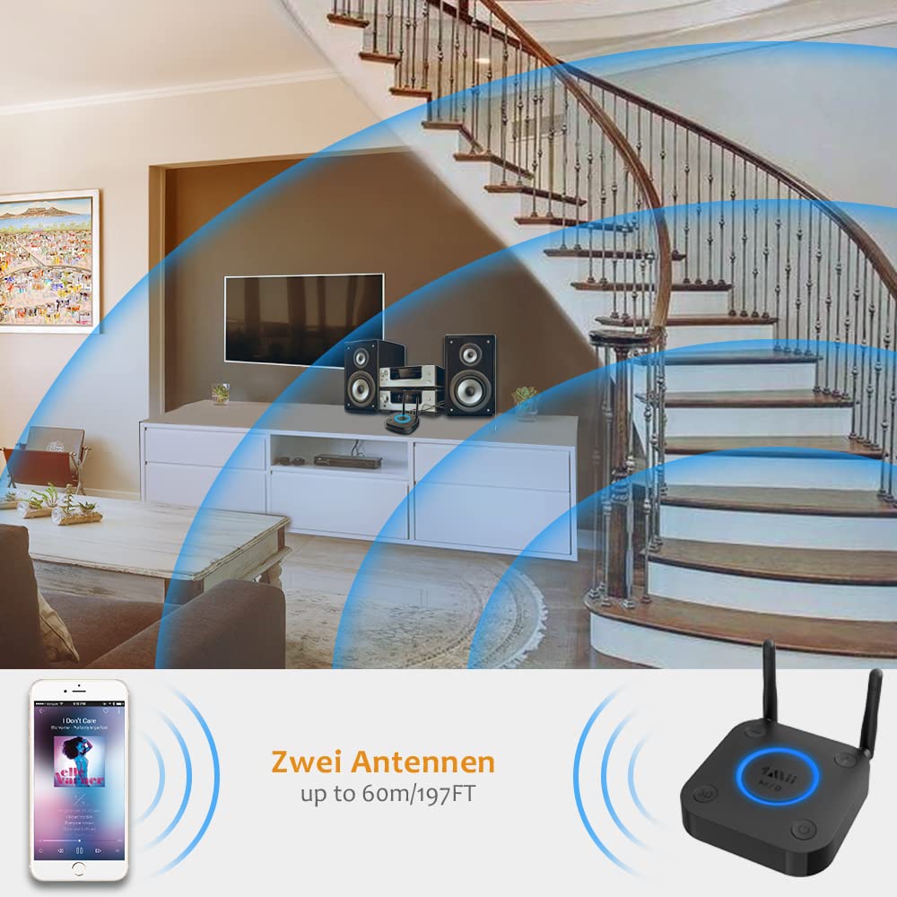 1Mii Großer Reichweite Empfänger, HiFi Kabelloser Audio Adapter, aptX Low Latency Bluetooth 5.1 Receiver mit 3D Surround für Stereoanlage Lautsprecher, Optisches Koaxial 3,5mm RCA AUX