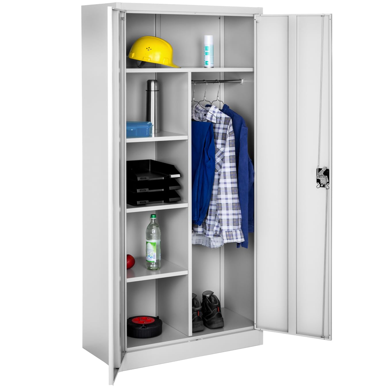 tectake Aktenschrank, Spind Schrank, Mehrzweckschrank, Garderobenschrank mit Kleiderstange, Haushaltsschrank mit 6 Fächern, Aktenschrank abschließbar, ink. Einlegeböden,180x80x40cm – grau