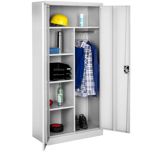 Grauer abschließbarer tectake Aktenschrank 180x80x40 cm mit 6 verstellbaren Fächern, Kleiderstange und Zylinderschloss – vielseitiger Metall-Mehrzweckschrank für Büro und Haushalt