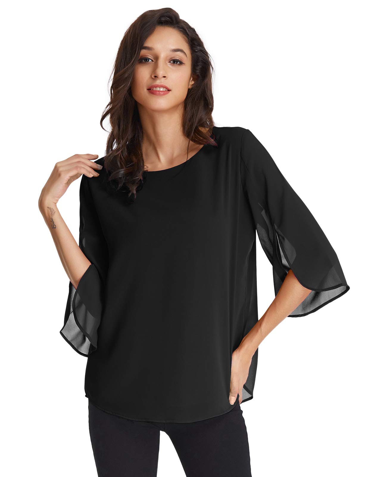Damen Elegant Chiffon Bluse 3/4 Ärmel Oberteile Langarmshirt Rundhals Tops Casual Shirt 2XL Schwarz CLAF15-3