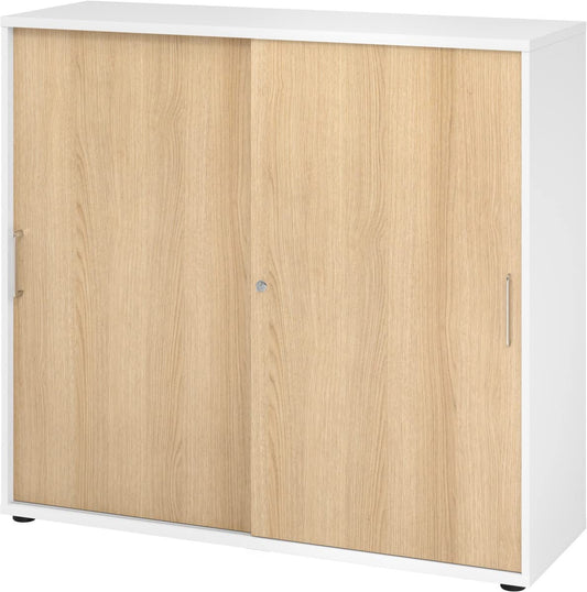 bümö Schiebetürenschrank 3OH - Aktenschrank abschließbar, Sideboard Schrank mit Schiebetüren in Weiß/Eiche - Büroschrank aus Holz mit Schiebetür, Büro Kommode für Ordner & Co.