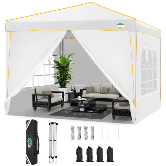 COBIZI Pavillon 3x3 Wasserdicht Stabil Winterfest Pop Up Faltpavillon Partyzelt mit 4 Seitenwänden und 4 Sandsäcken UV-Schutz 50+ Gartenpavillon für Strand Hochzeit Camping, Weiß