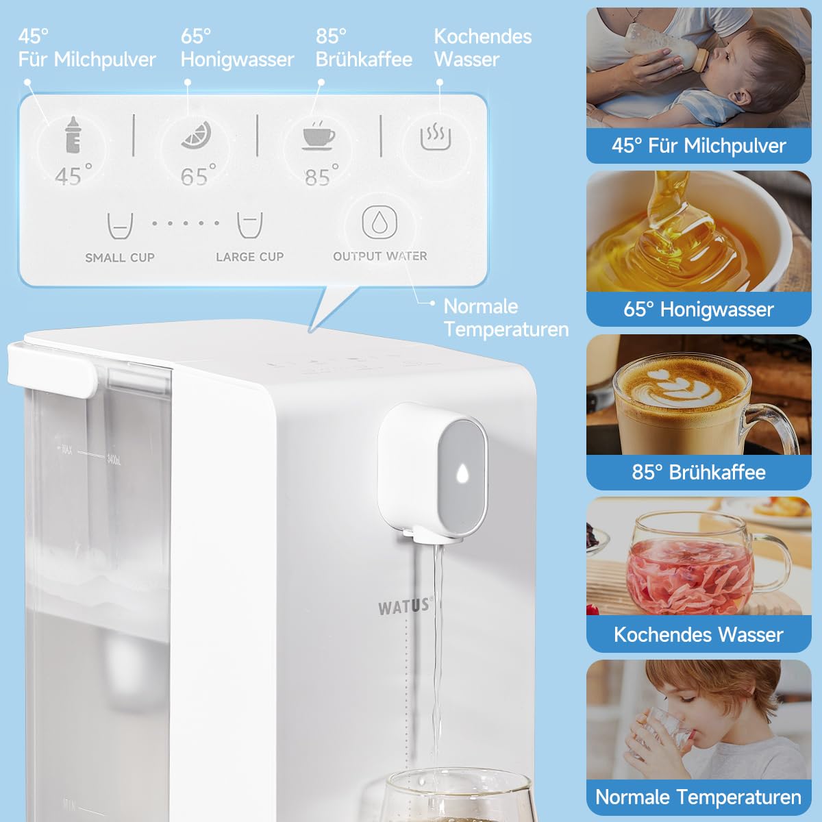 Watus Heißwasserspender, Instant-Wasserspender, Wasserspender mit Filterung und Heizung, Enthält 3 Filterpatronen. Filtern Sie Wasser, um Kalk, Chlor, Blei und Kupfer im Leitungswasser zu reduzieren