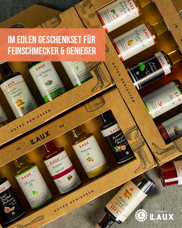 LAUX Essig Öl Geschenkbox - 5 Sorten im Set: Olivenöl, Walnussöl, Balsam & Aperitif - Für Salate Oder Herzhafte Gerichte - Grill Geschenk Set für Sie & Ihn (5 x 40ml)