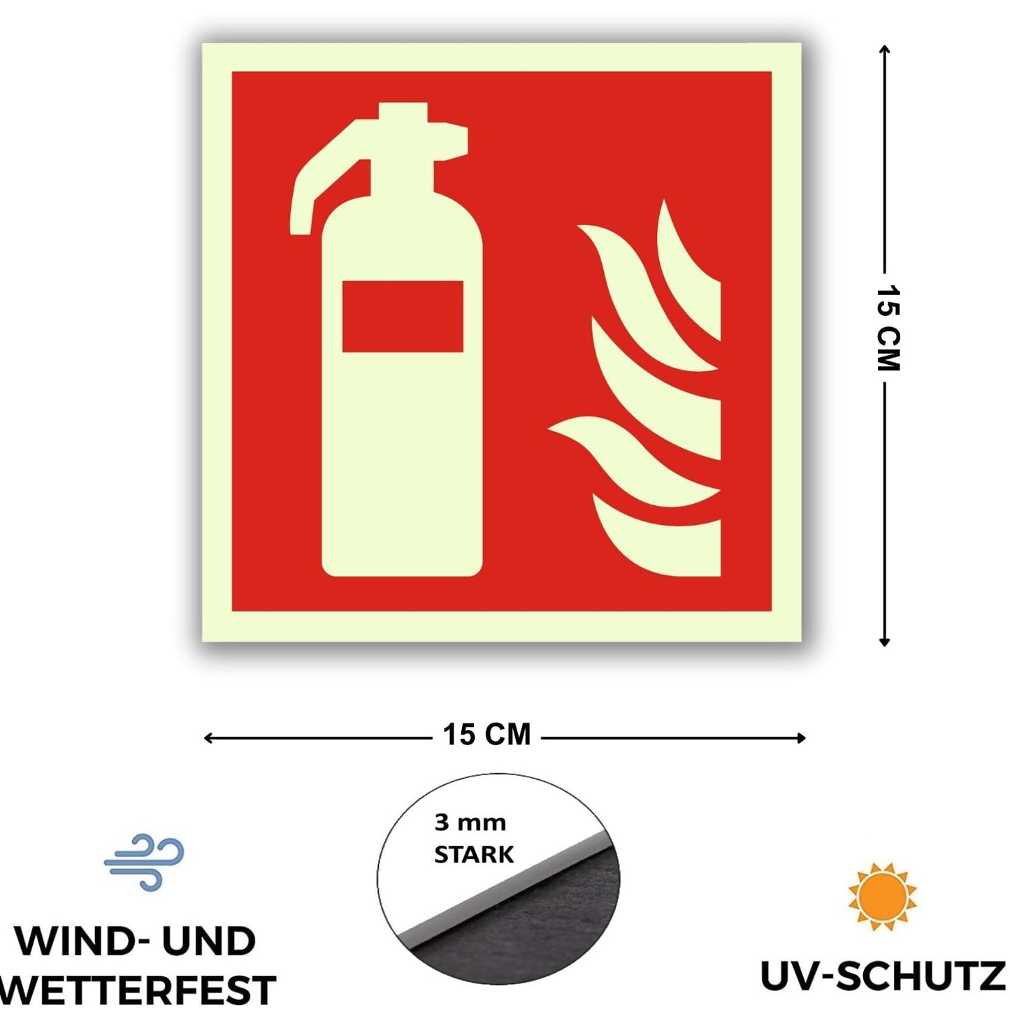 5 Stück - Schild Feuerlöscher (15 x 15 cm - 3mm stark) Alternative zum Feuerlöscher Schild - Brandschutzzeichen nach ISO - UV-Schutz für Innen und Außen