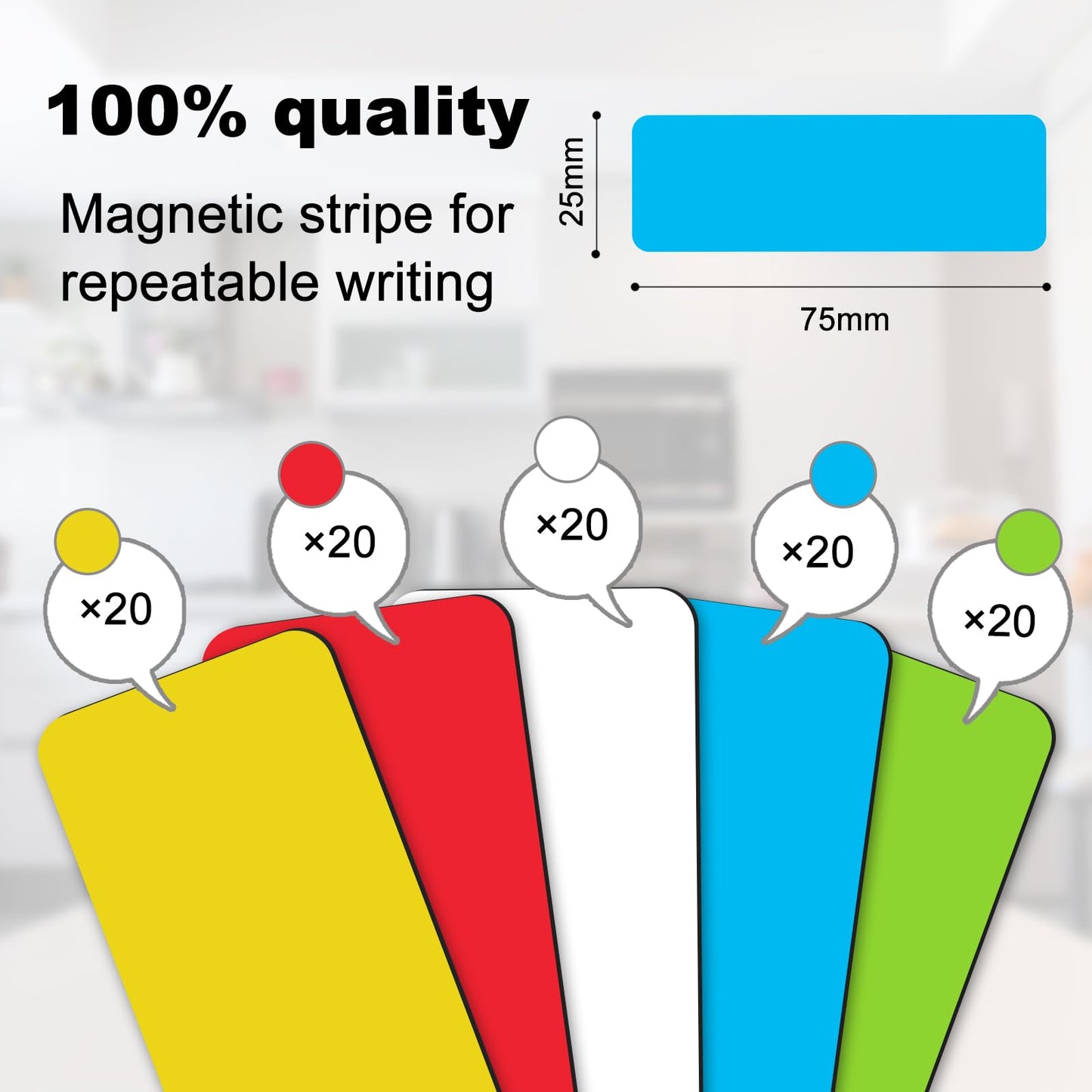 100 Stück Magnetetiketten beschreibbar, 75x25mm Magnetstreifen beschreibbar bunt, Abwischbare Magnetschilder, Magnet Etiketten für Whiteboards, Kühlschränke, Magnettafeln