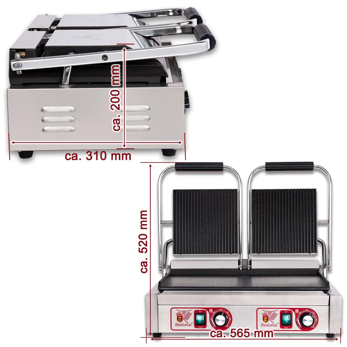 Beeketal 'BKG8' Gastro Doppelt Kontaktgrill mit Gusseisen Grillpatten (oben gerillt unten glatt) mit Fettauffangschale, Profi Edelstahl Elektrogrill ideal als Panini Grill Maker oder Sandwich Toaster