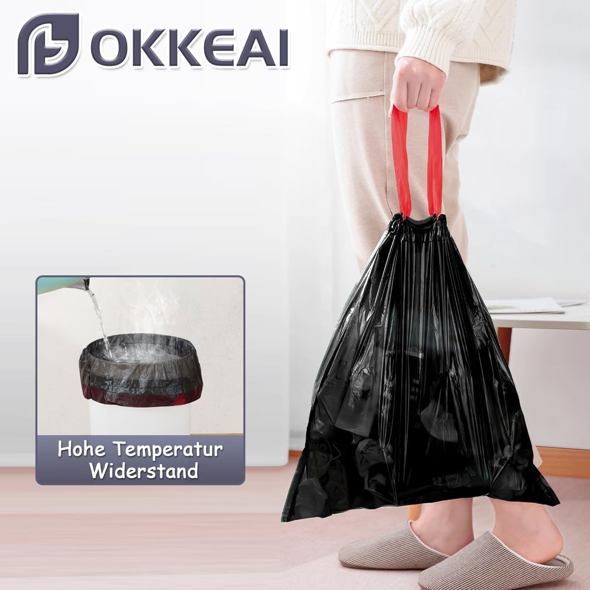 OKKEAI Schwarz Müllbeutel 15L mit Zugband Kleine Mülltüten,75 Stück Reißfest Müllsacks