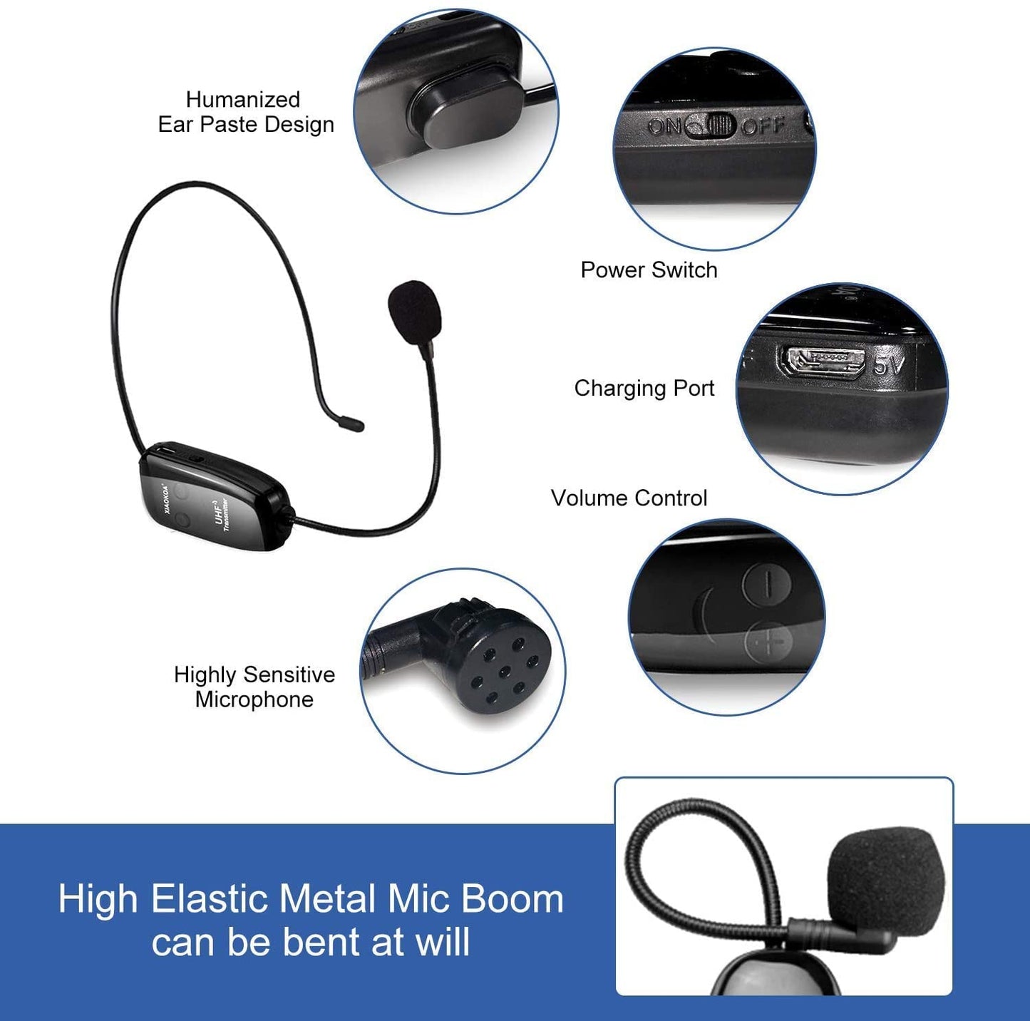 XIAOKOA Wireless Mikrofon Headset,UHF Kabelloses Mikrofon mit 50m Kabelloser Übertragung,Wiederaufladbares Drahtloses Mikrofon für Reiseleiter/Fitness-Tanzlehrer/Konferenzen